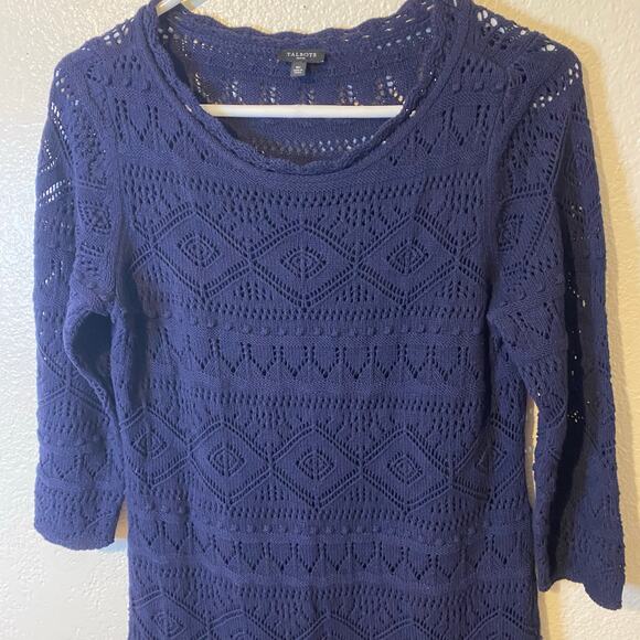 Talbots Navy Blue Crochet Knit Sweater Dress Size Medium Petite - Picture 3 of 9